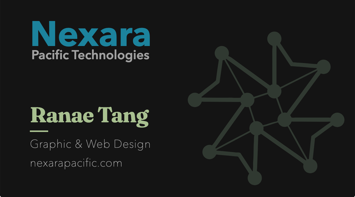 The Nexara Pacific business card Ranae designed, with teal and sage wordmark and connected-nodes mark on a dark card