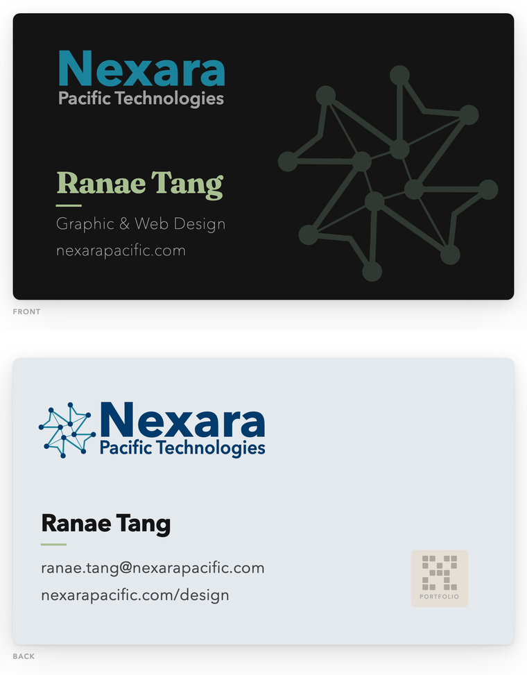 Ranae Tang's Nexara Pacific business card, front and back