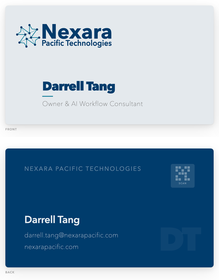 Darrell Tang's Nexara Pacific business card, front and back